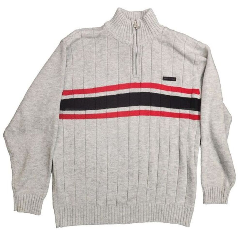 Southpole‎ Men's Sweater Gray 1/4 Zip VTG 90's Striped Knit  Sweatshirt Large